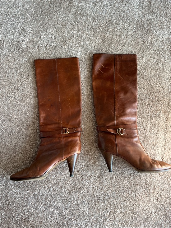 Loeffler Randall Shoes - Loeffler Randall Tan Leather Mid-Calf Heeled Boots with Buckle